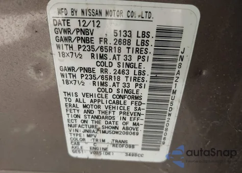 2013 Nissan Murano Sv из США, поврежденный, VIN JN8AZ1MU5DW208069